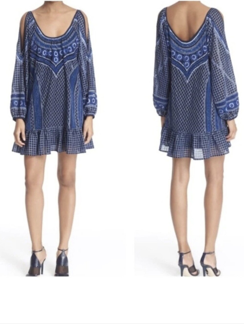 Parker NY Woodstock Cold Shoulder Chiffon Mini Dress S Sequins Beads Embroidery